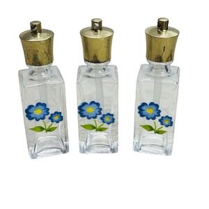 Vintage Set of 3 Mini Glass Perfume Bottles Blue‎ Floral Forget Me Not Japan